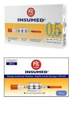 SIRINGA PER INSULINA PIC INSUMED 0,5 ML 100 UI AGO GAUGE 30 LUNGHEZZA 8 MM SENZA SPAZIO MORTO 3 SACCHETTI DA 10 PEZZI - Farmavicinoate