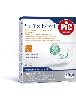 CEROTTO PIC SOFFIX MED IN TNT CON TAMPONE CENTRALE ASSORBENTE STERILE MONOUSO 10X10 CM ANTIBATTERICO 5 PEZZI - Farmavicinoate